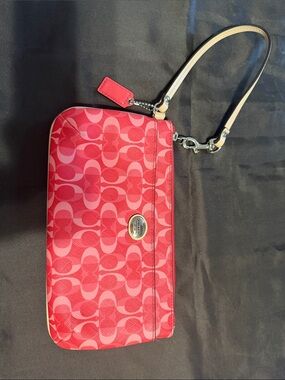 Coach Pink & Red Signature Wristlet with Light Tan Strap